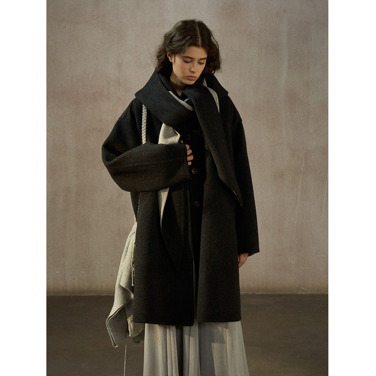 Detachable Hood Oversized Wool Blend Double-Sided Nylon Coat