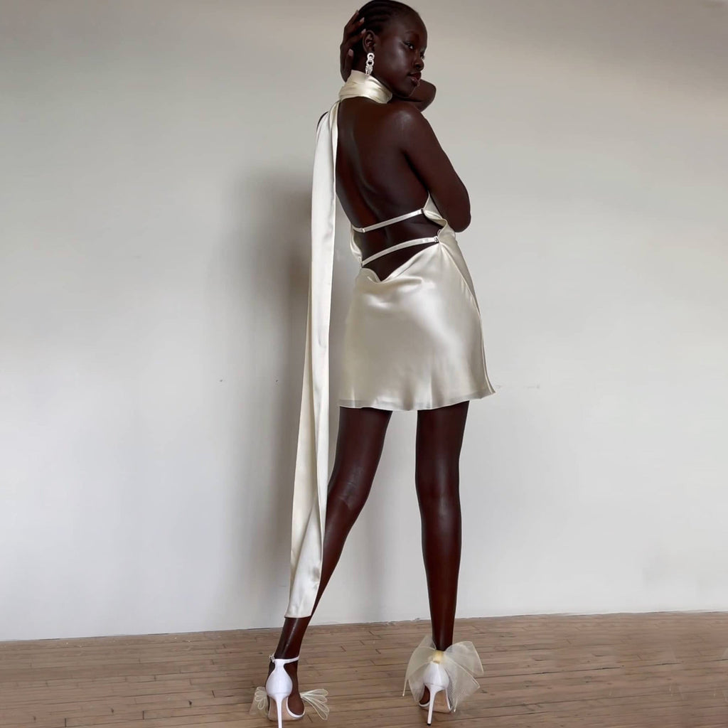 Sexy halter skirt Adjustable neck satin dress