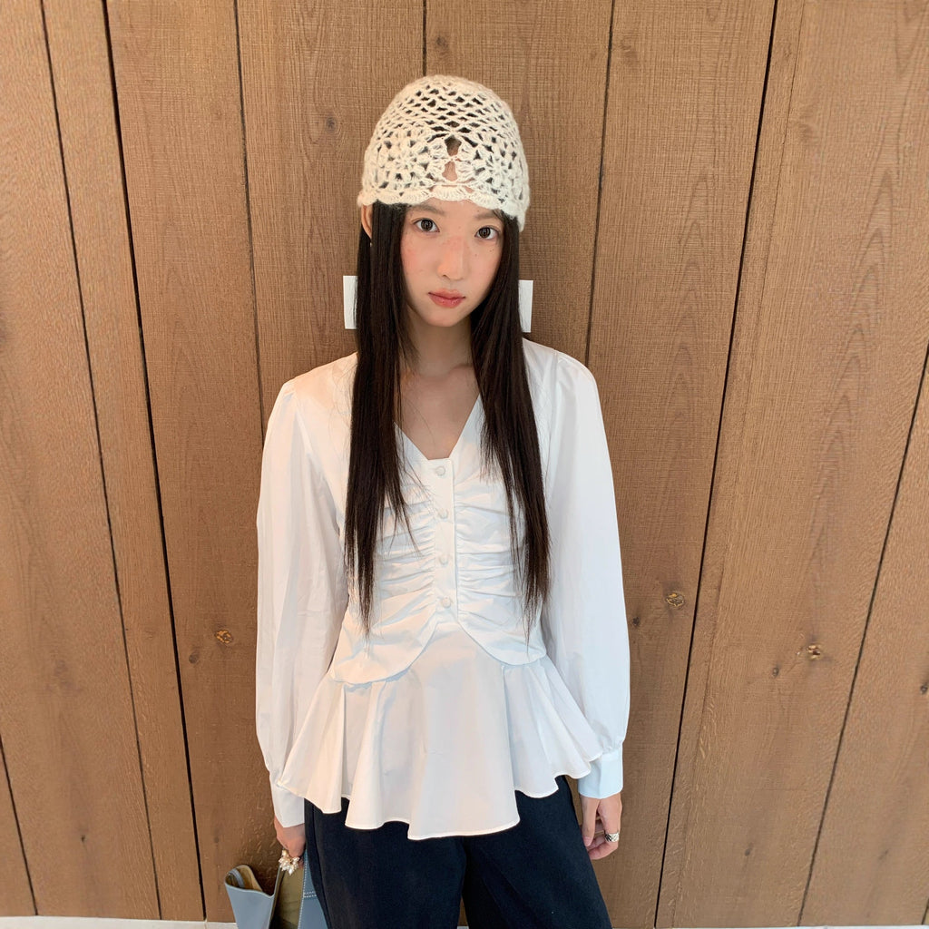 Women's V-Neck Plaid Ruffle Pleated-Waist Slim-Fit Long Sleeve Cotton Shirt