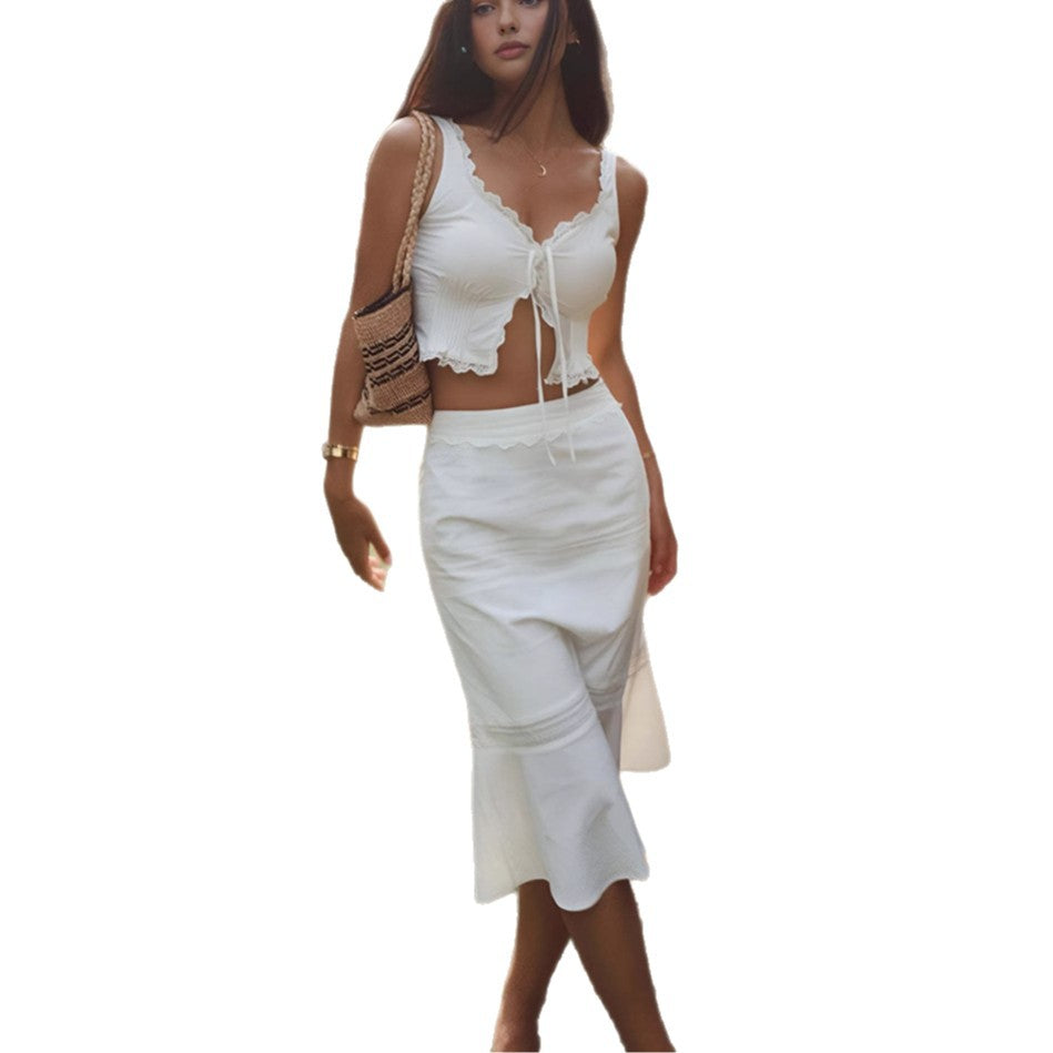 Women's Summer Sexy Pure Lace Top Skirt Set Two-piece Set