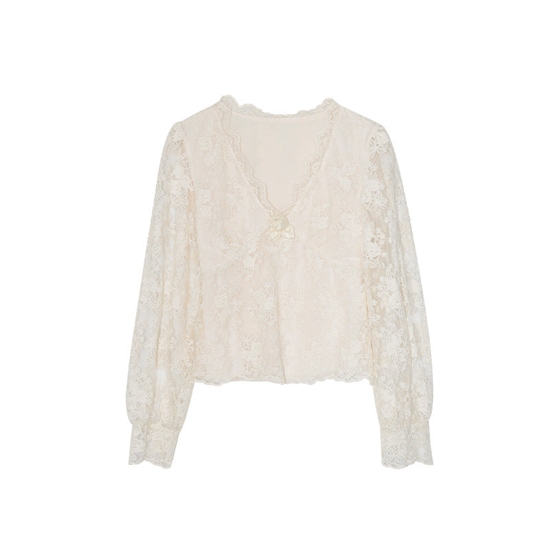 Winter French Heavy Industry Light Luxury Foreign Embroidered V-Neck Long Sleeve Lace Shirt