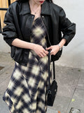 Korean simple temperament plaid dress spring and summer women's new waist irregular hem long dress
