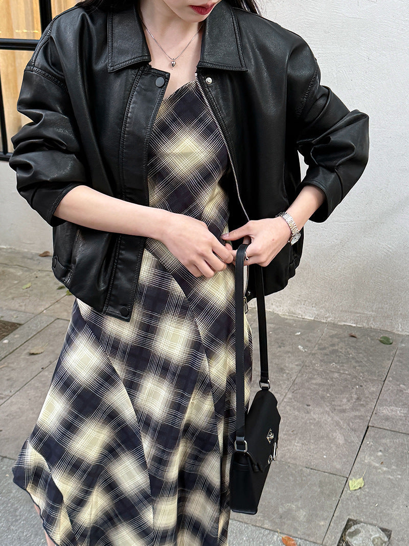 Korean simple temperament plaid dress spring and summer women's new waist irregular hem long dress