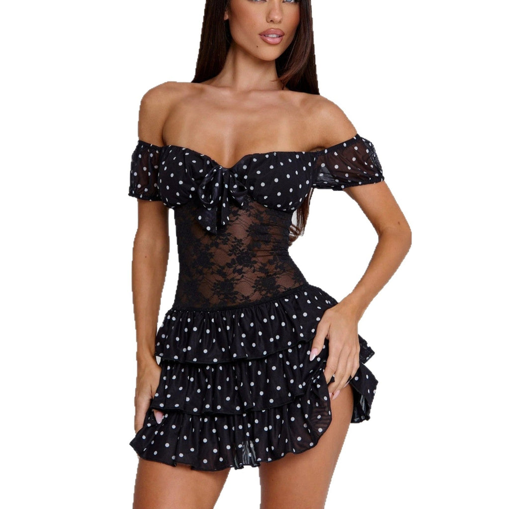 Fashionable sexy lace patchwork polka dot bandeau skirt slim cut-out one-shoulder dress