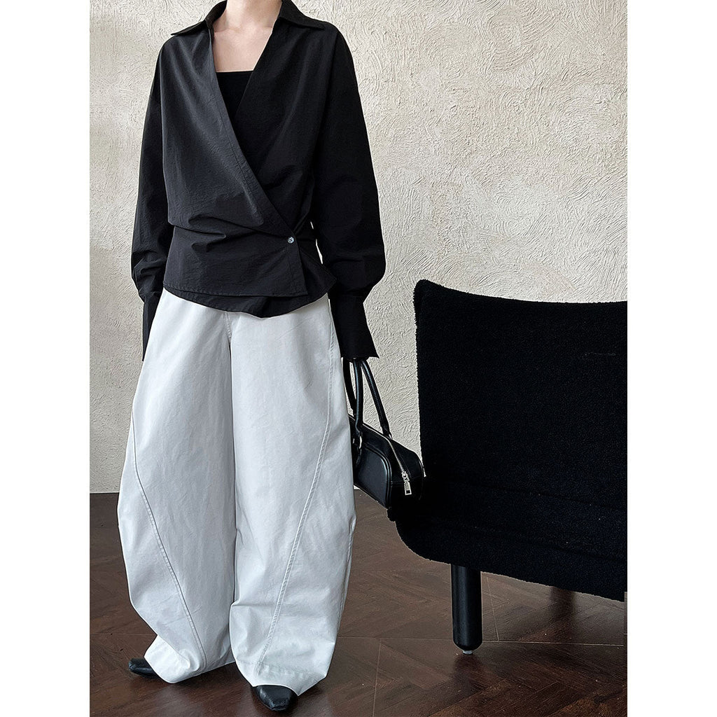 American high-end pleated scimitar pants women's retro style casual versatile wide-leg trousers