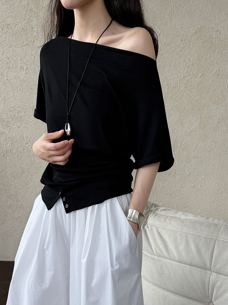 Slanted shoulder hem waist one-shoulder T-shirt women's summer new niche design sense Korean simple short sleeves