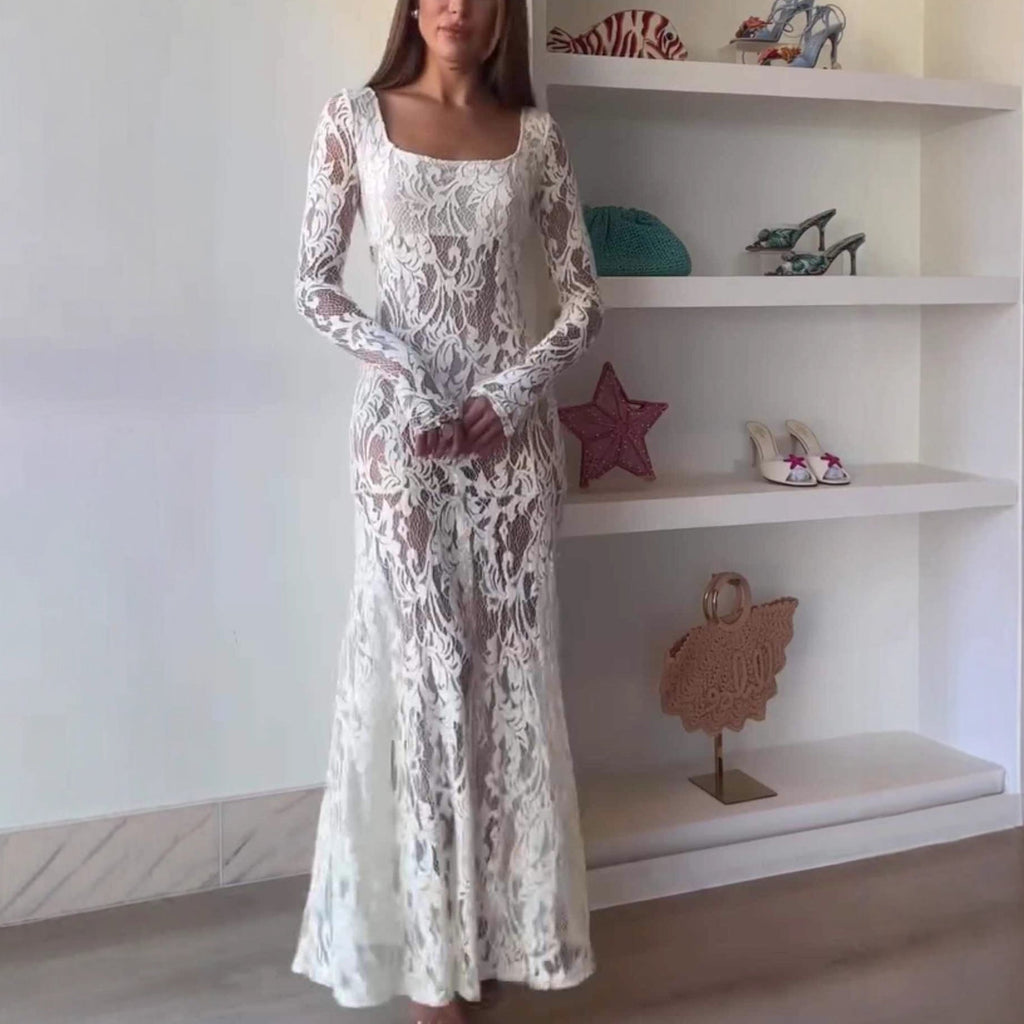 Openwork lace see-through long sleeve hottie sexy dress