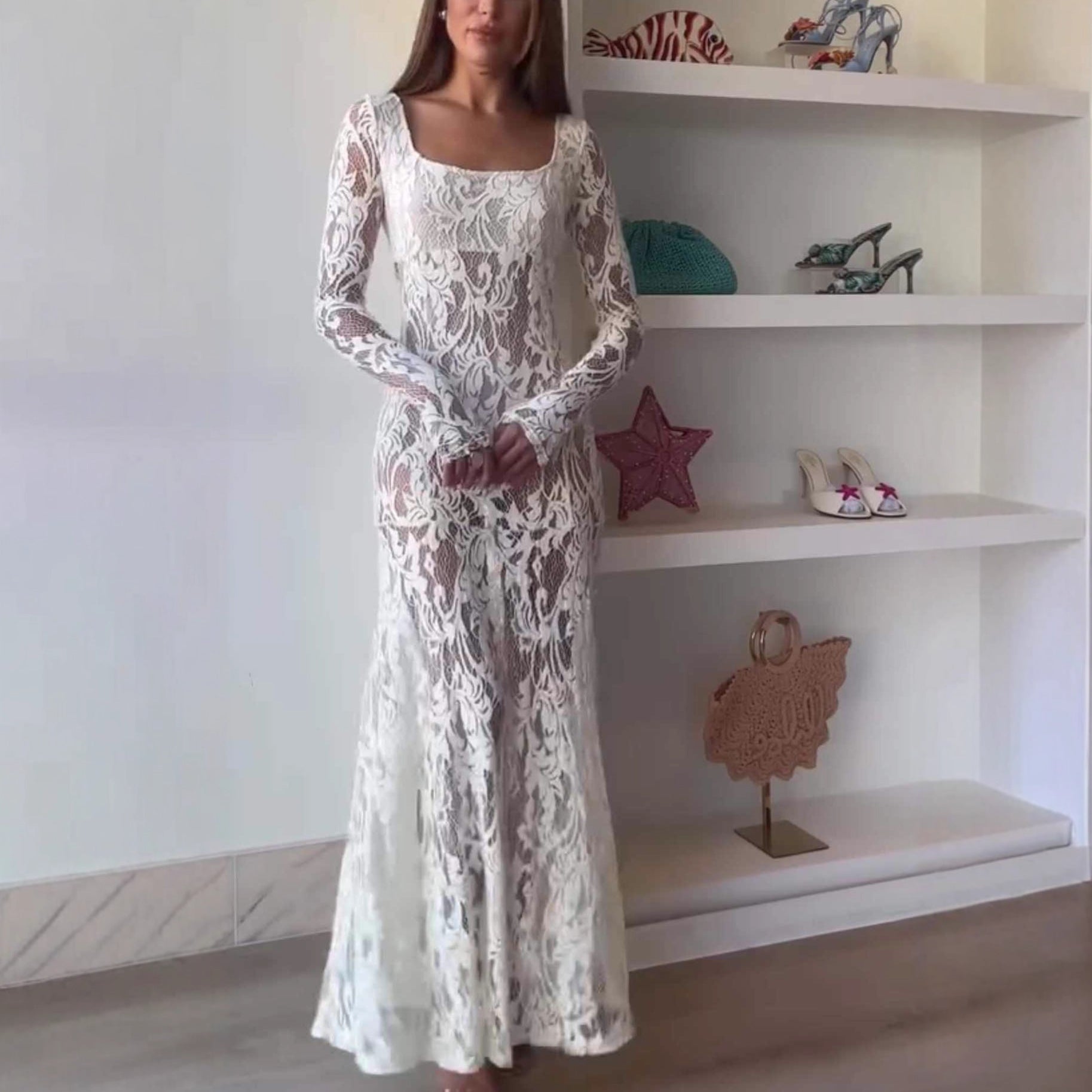 Openwork lace see-through long sleeve hottie sexy dress