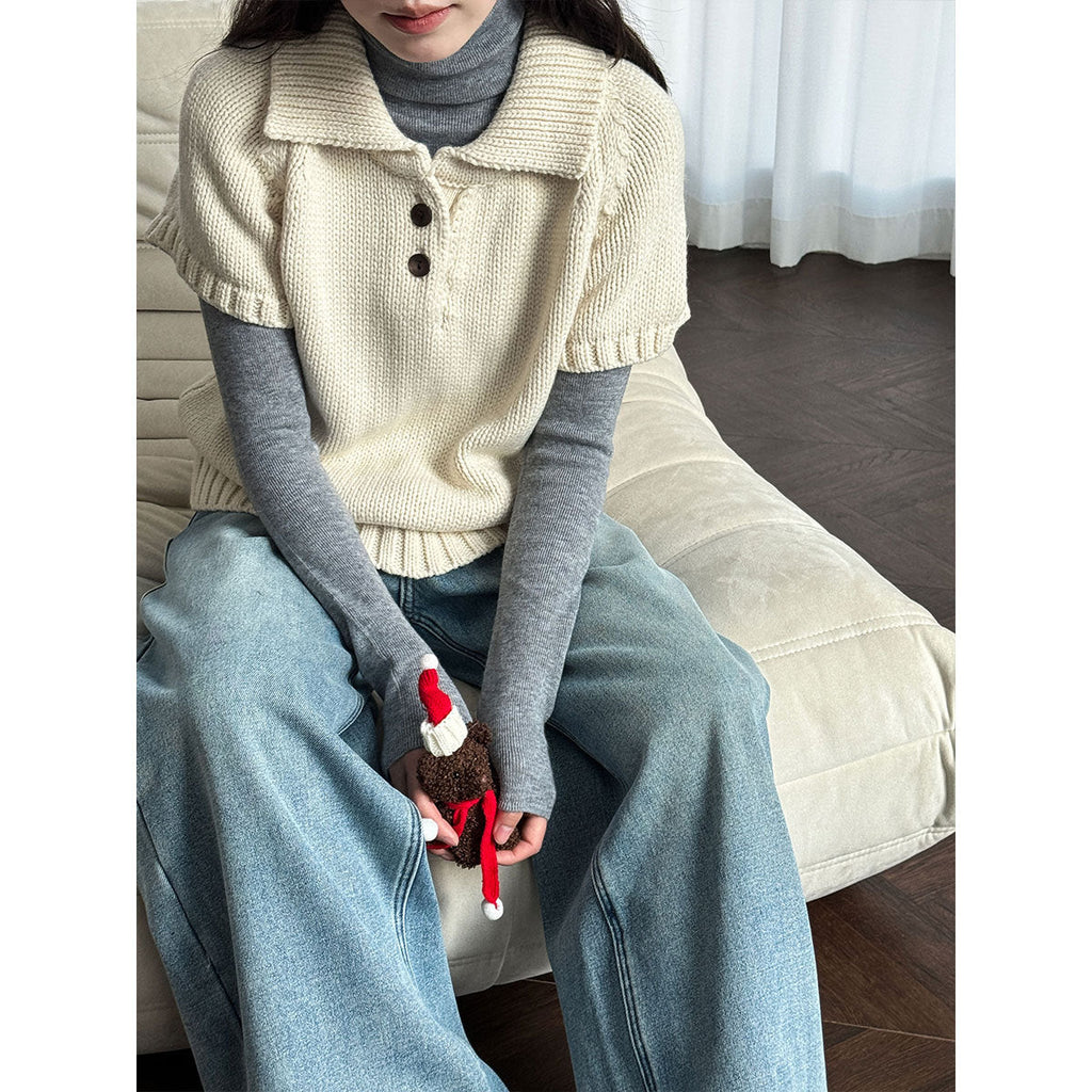Korean simple Polo neck knitted sweater women's winter new temperament stacked wear thin short-sleeved sweater