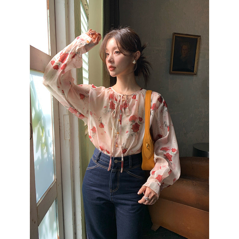 Romantic coffee break beautiful rose print chiffon shirt
