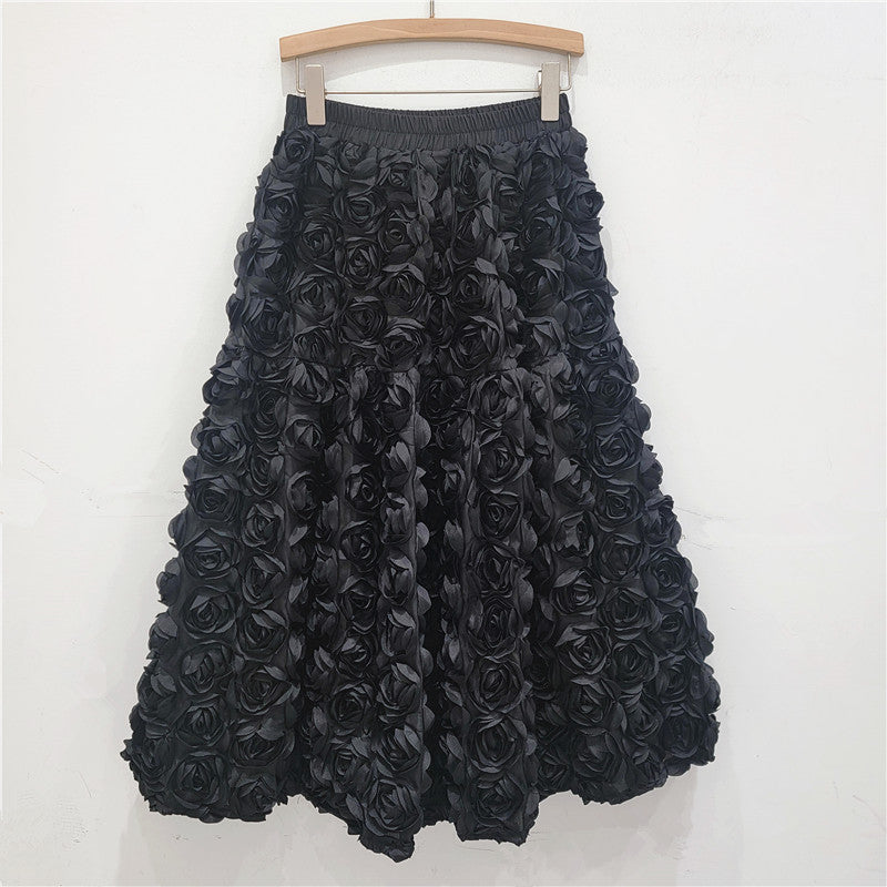 Medium and long fluffy fairy A-shaped skirt French elegant three-dimensional rose flower skirt girl