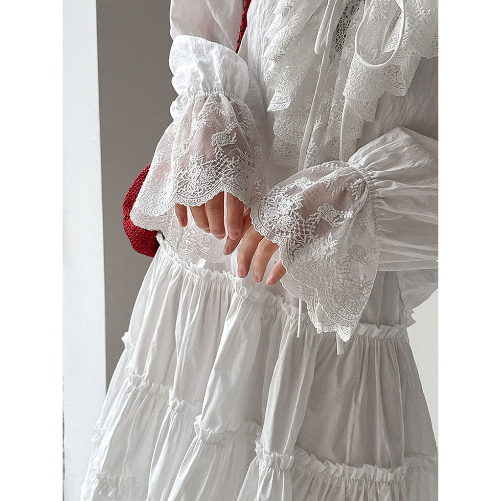 French V-Neck Lace Shirt Women's 26 Early Spring Gentle Wind Lace-Up Flared Sleeve Shirt