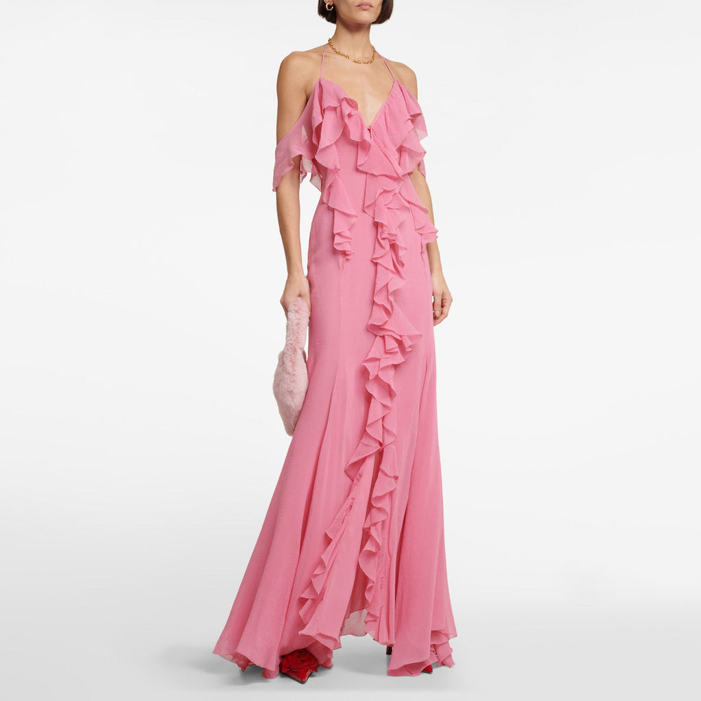 Split fork deep V neck suspender skirt backless pink ruffle edge long skirt