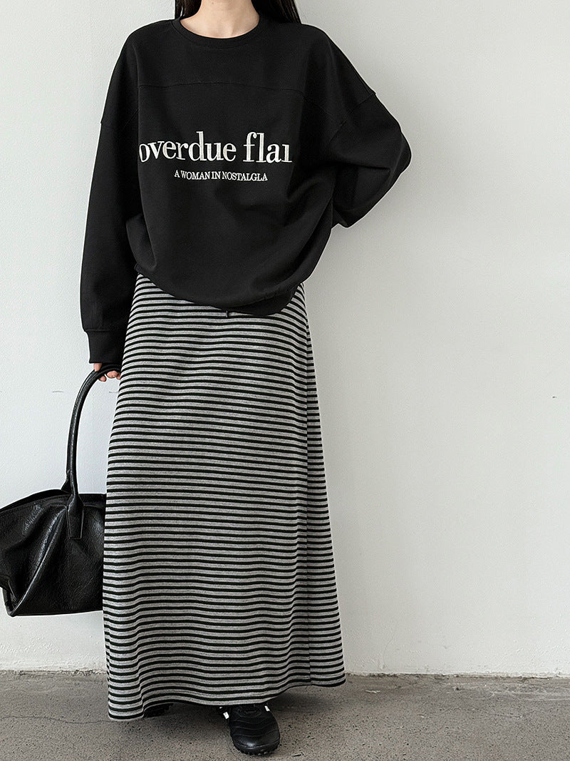 Commutingcasual lazy high waist drawstring skirt autumnew arrivaldrapedstripes slit long skirt