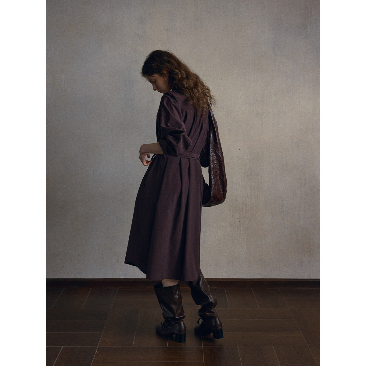 Cotton skin-friendly stand-up collar lace-up shirt dress, simple and loose coat-style long skirt