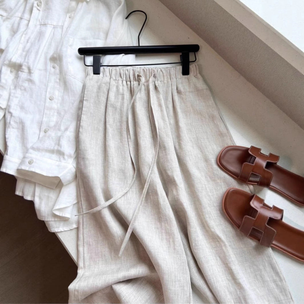 Thin loose drape lazy style high waist straight casual mopping cotton and linen wide-leg pants