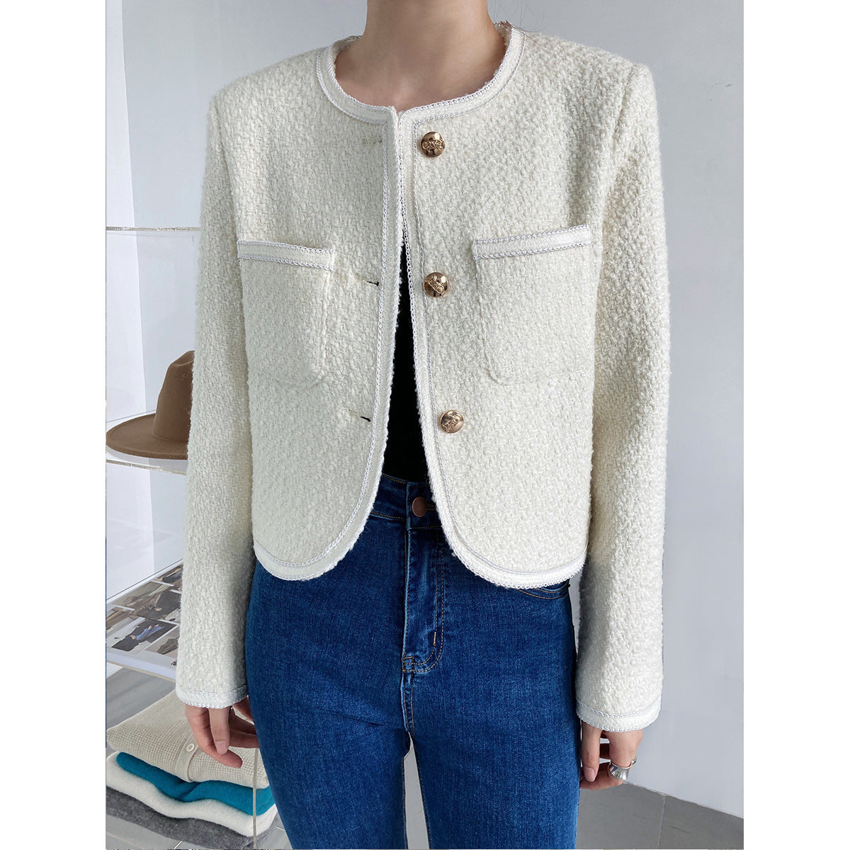 Autumn new 30% wool small fragrant jacket women's short temperament tweed celebrity top