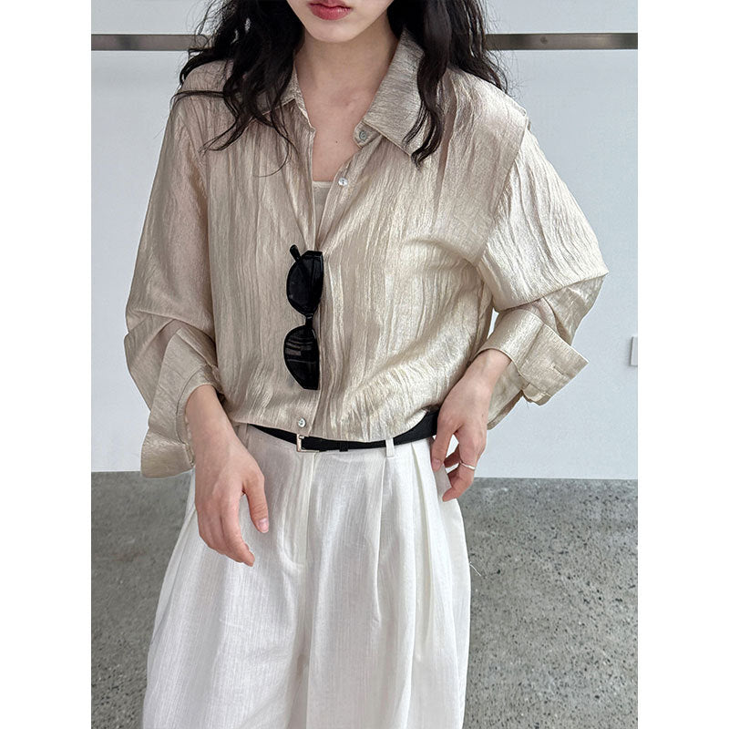 Korean simple texture glossy see-through shirt women's summer new sunscreen pearlescent cardigan jacket
