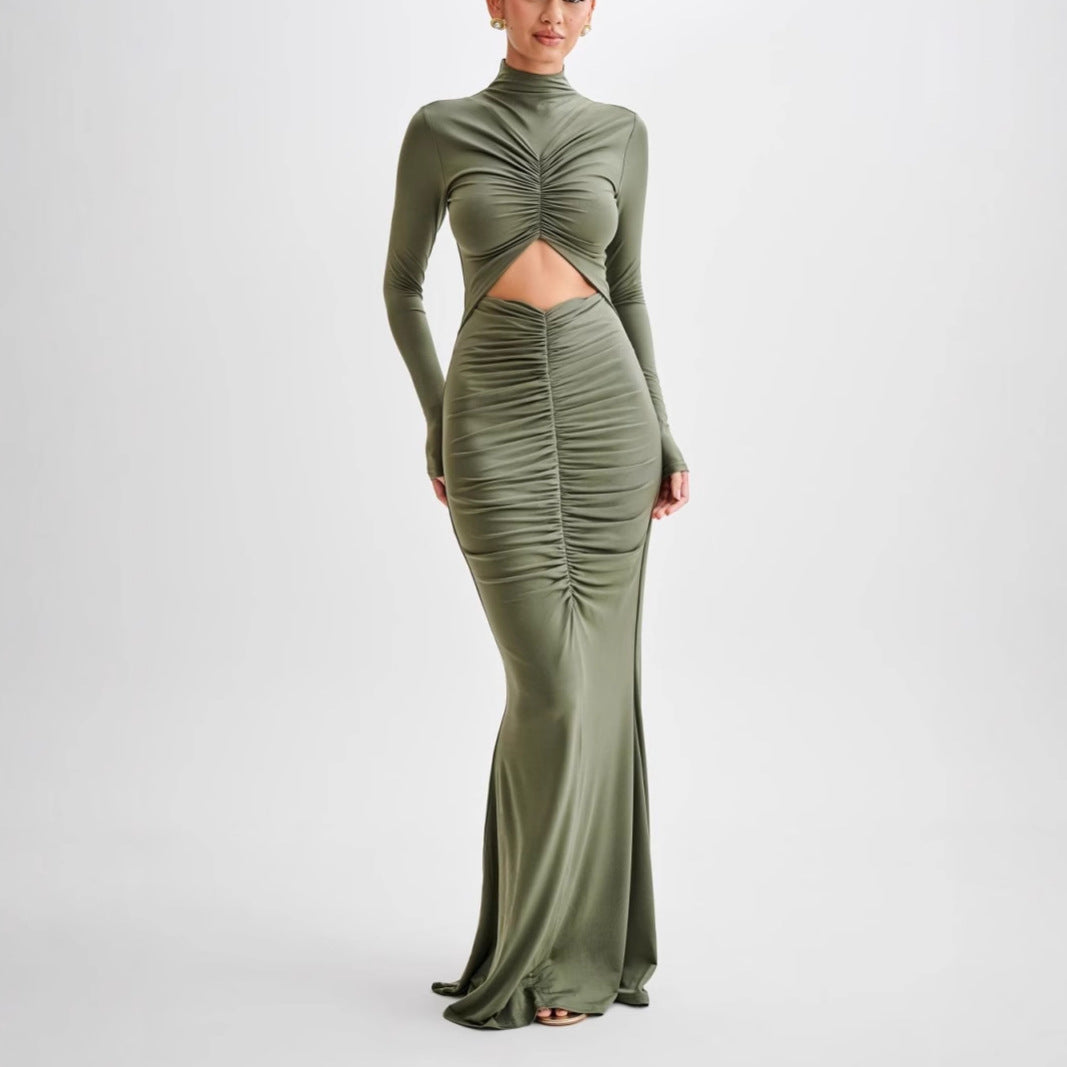 New sexy hollow solid color chest wrap hip skirt pleated slim half turtleneck dress women