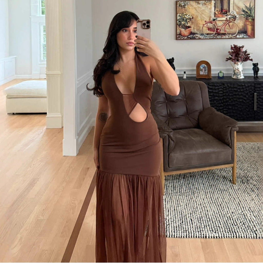 Fashion yarn hollow mesh neck hip skirt backless sexy hottie dress