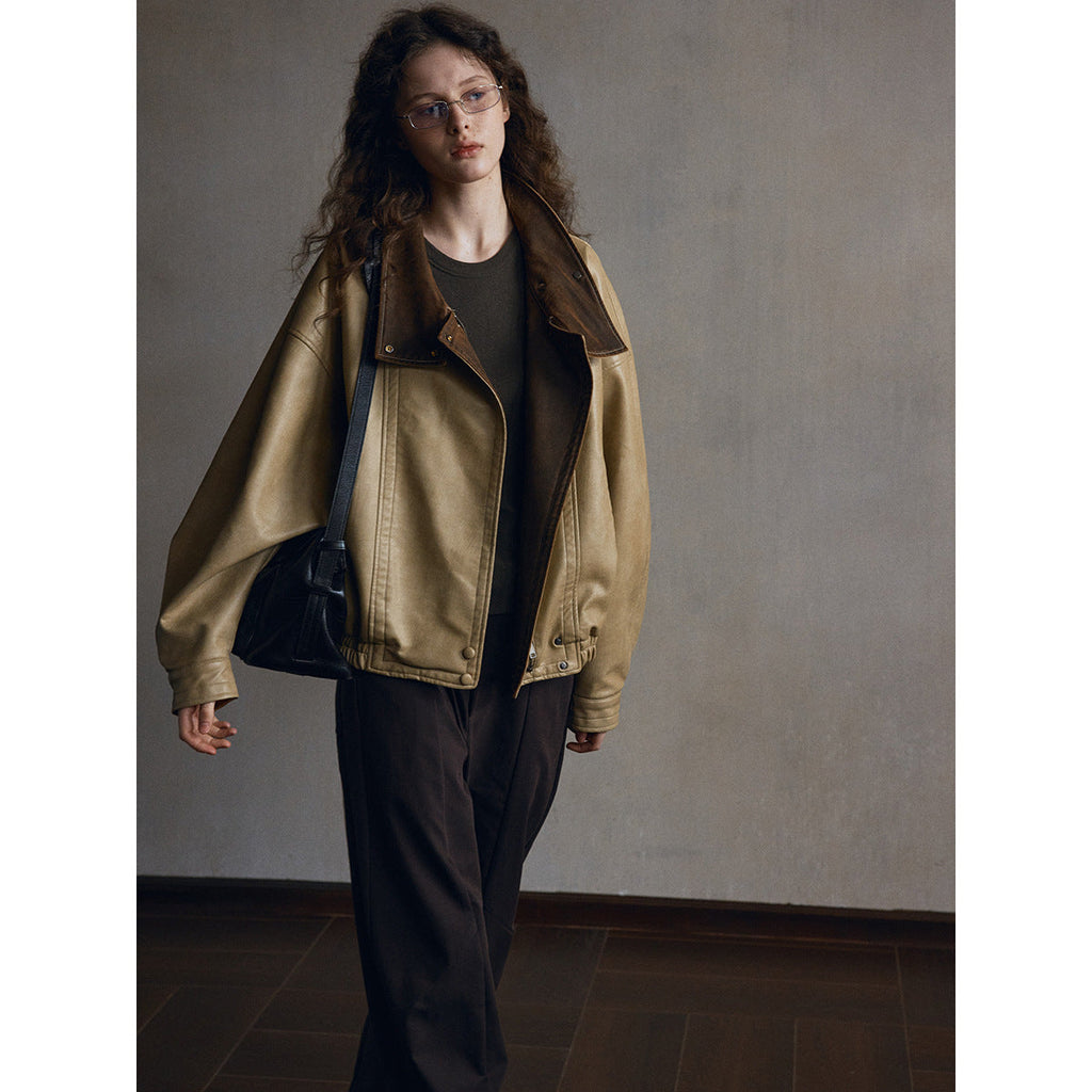 Vintage splicing silhouette eco-friendly leather jacket women's PU coating loose commuter lapel jacket