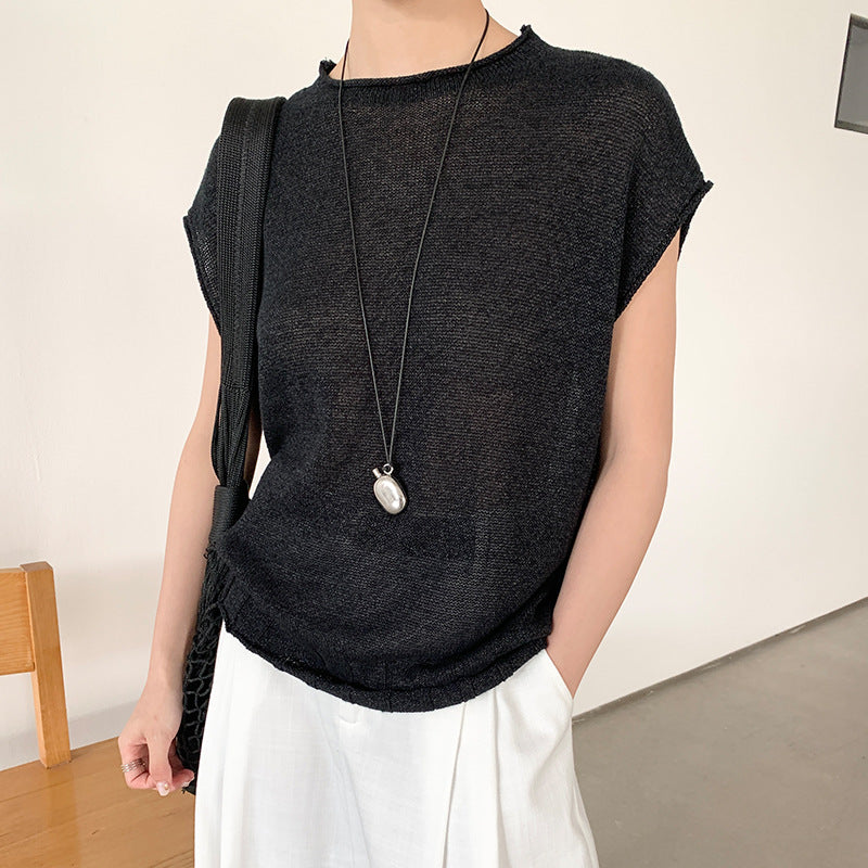 Spring small flying sleeves texture imported and gauze crew neck knit top