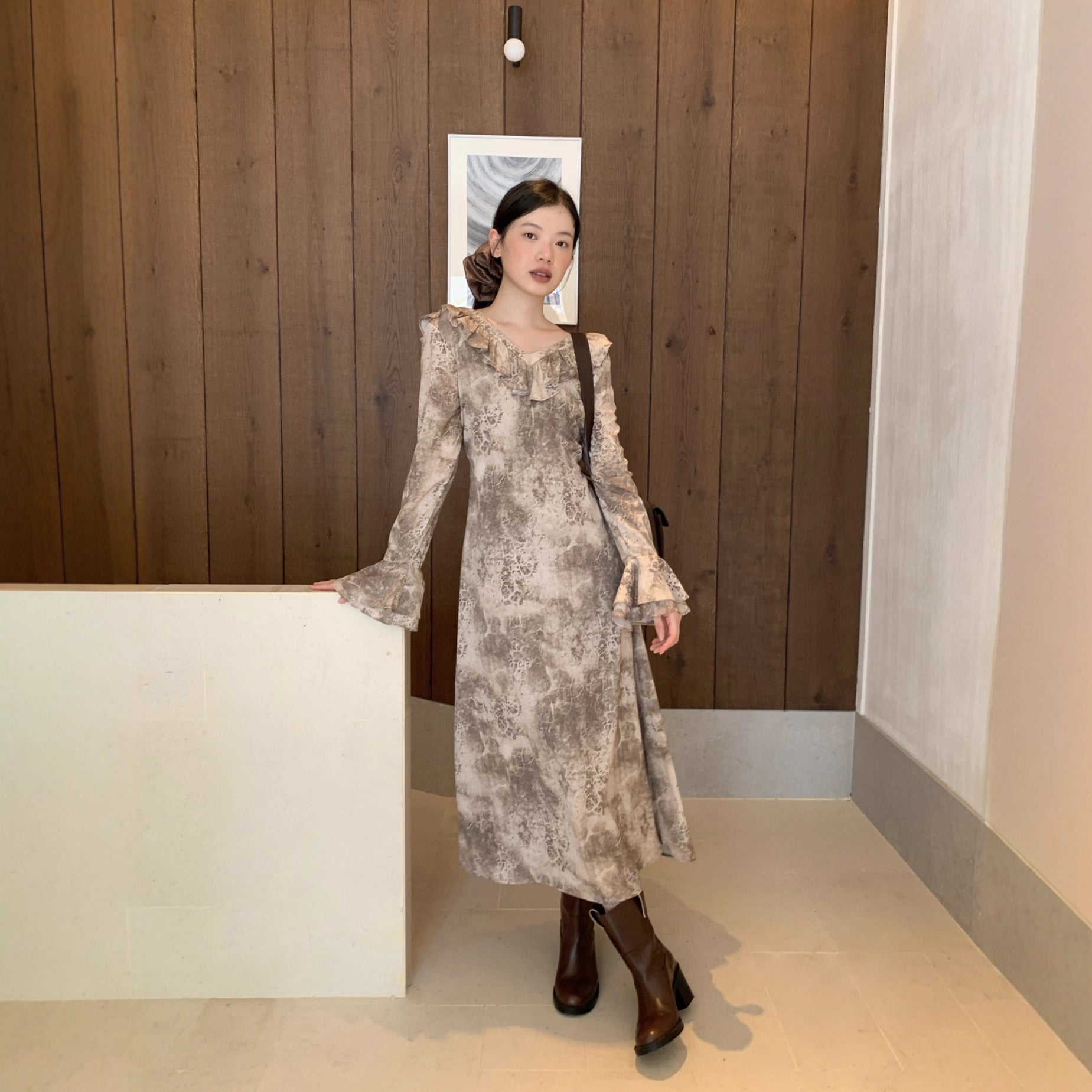 Women's Floral Print Ruffle Collar Flared Sleeve High-Waist Maxi Dress