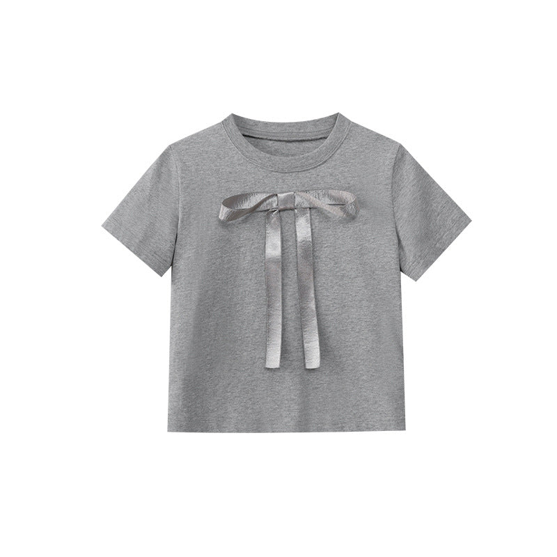 Early spring French slimming versatile slim bow short-sleeved T-shirt