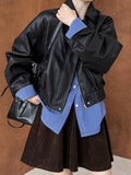 Hong Kong-style leather jacket women's early spring new loose short PU motorcycle leather jacket top