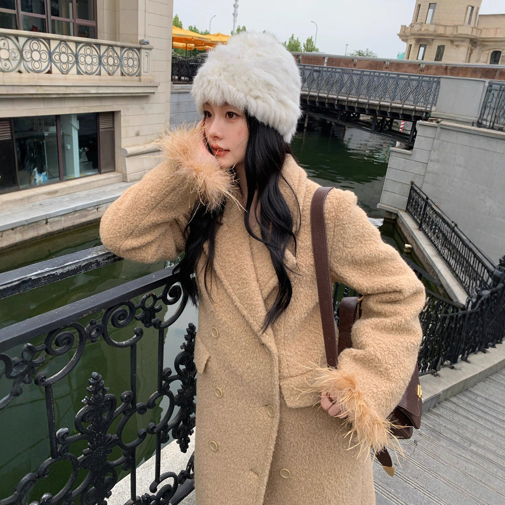 Commuter temperament coat double-breasted long woolen coat