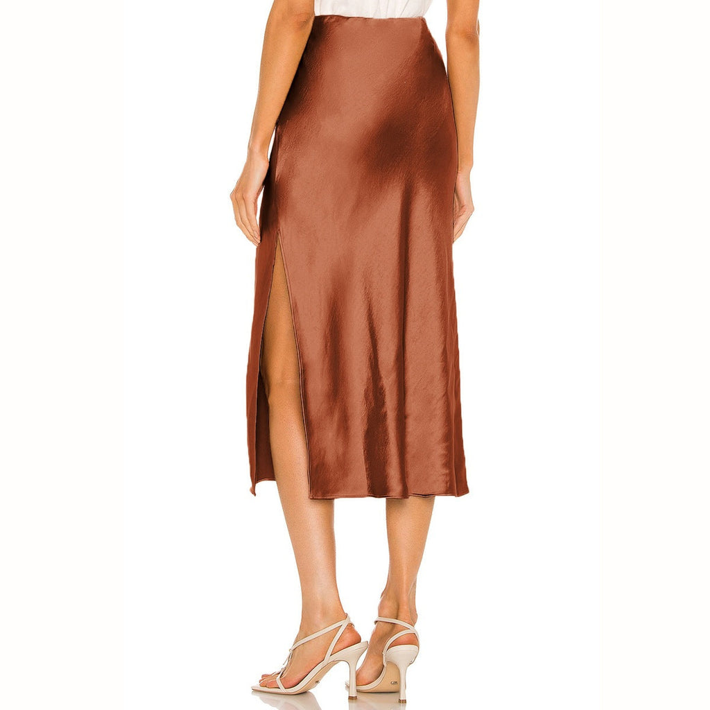 Acetate satin skirt elastic high waist solid color split mid-length skirt