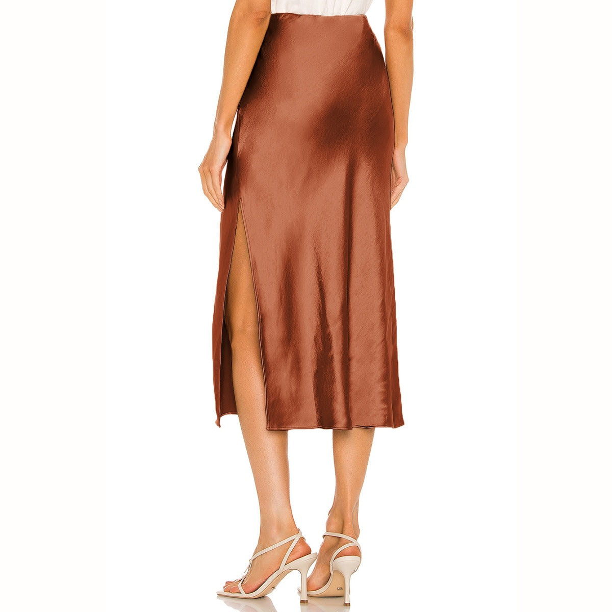 Acetate satin skirt elastic high waist solid color split mid-length skirt
