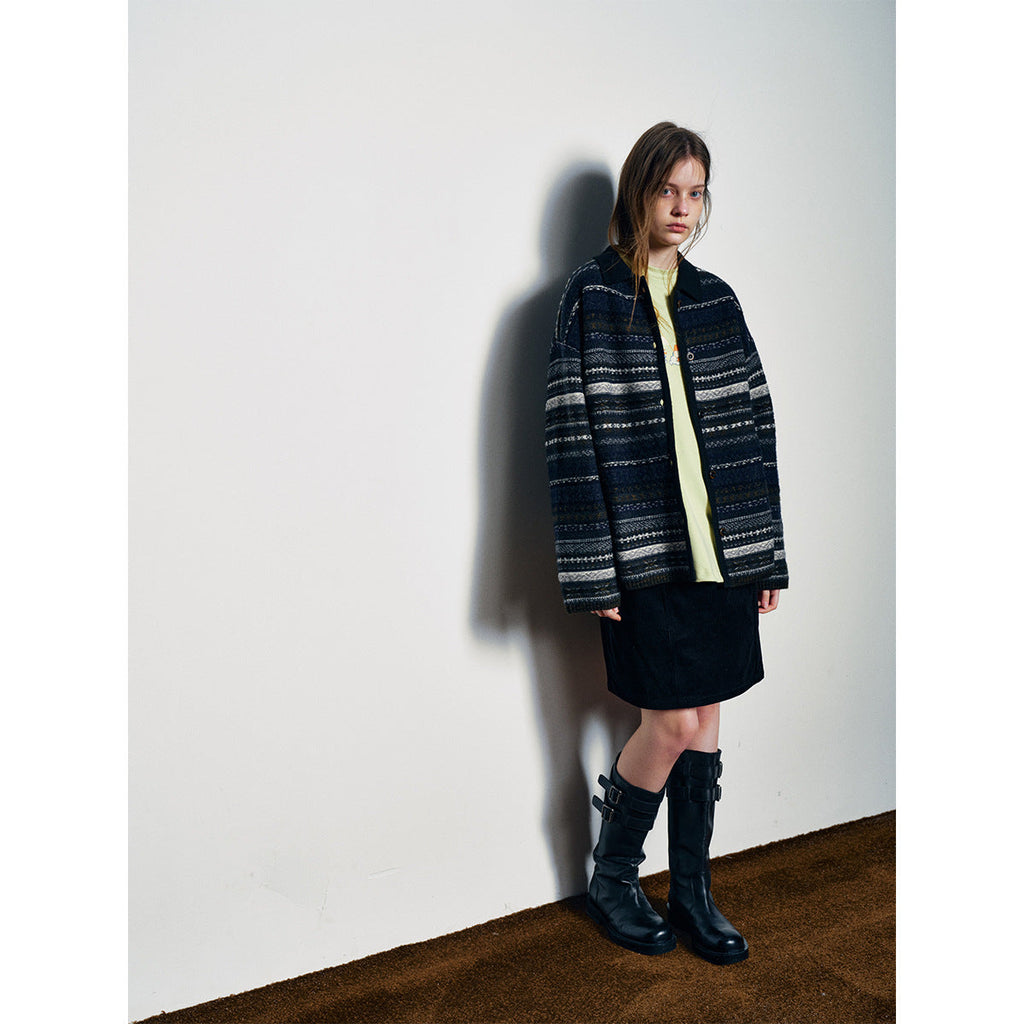 Winter new casual crew neck wool Fair Island floating line jacquard contrasting woolen cardigan
