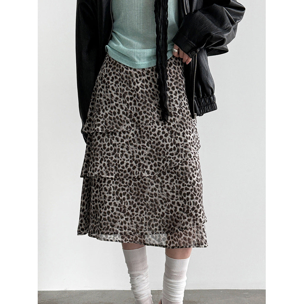 Irregular high-waisted chiffon leopard print skirt women's spring new ruffle leaf edge cake skirt A-shaped skirt