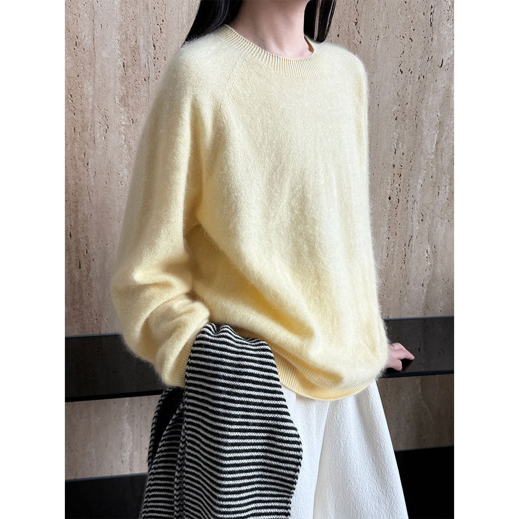 Soft and waxy fluffy crew neck solid color wool sweater women's winter new style with casual lazy top