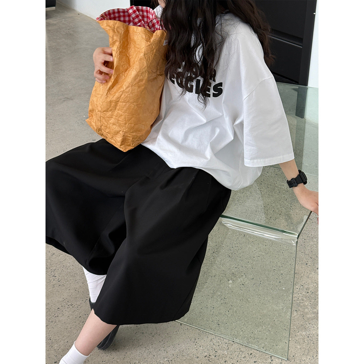 Japanese casual suit eight-point shorts summer commute pleated loose wide-leg straight-leg pants