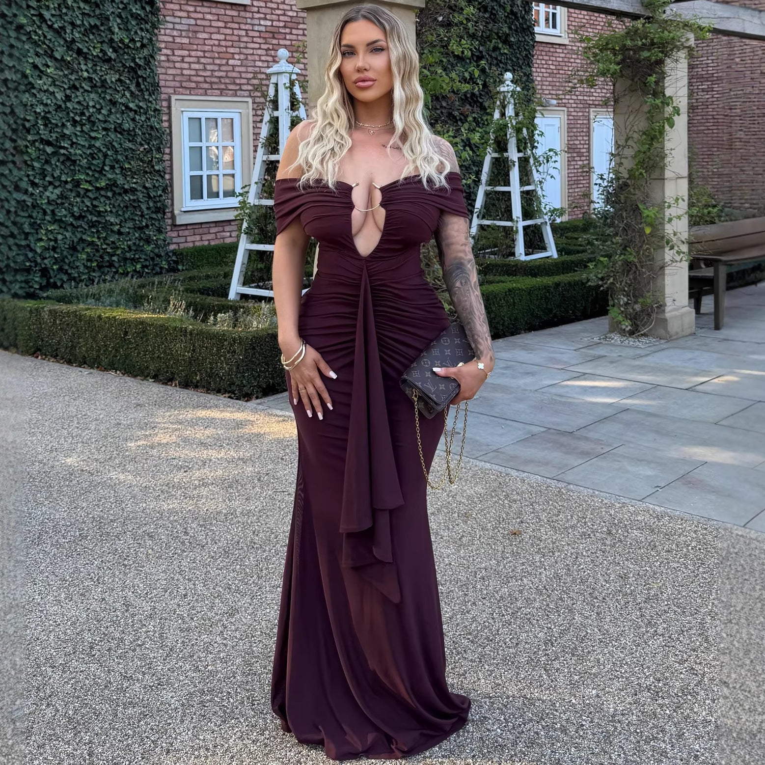 Splicing Ribbon Long Dress Dress Wind Dress Vacation Style One-word Shoulder Buttocks Dress