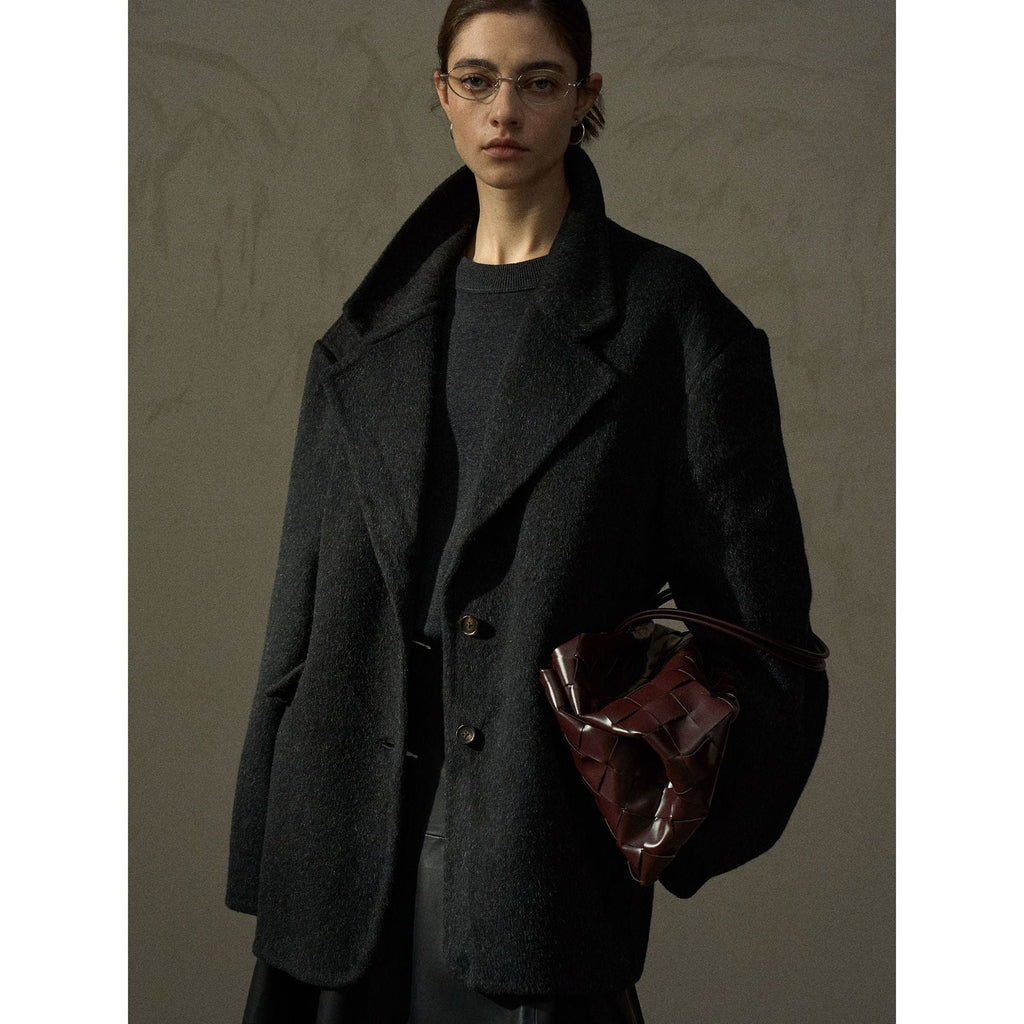 Winter long hairy feel imitation camel wool wide shoulder retro woolen blazer