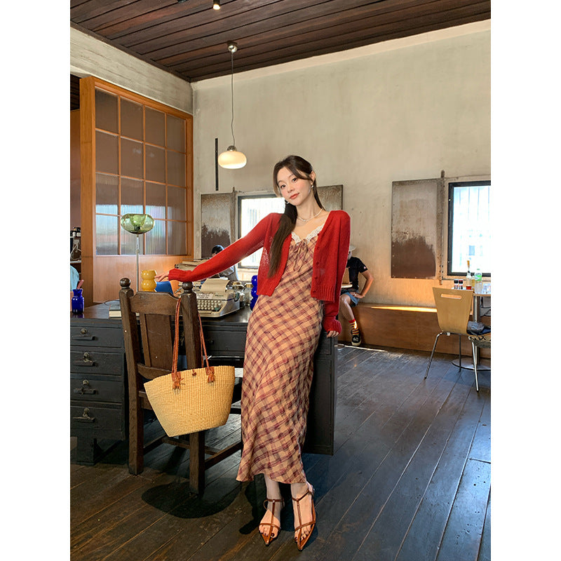 Holiday plaid suspender dress
