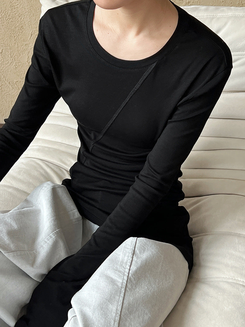 Korean irregular slim-fit T-shirt women's spring new cutting line pile wrinkled bottoming shirt top