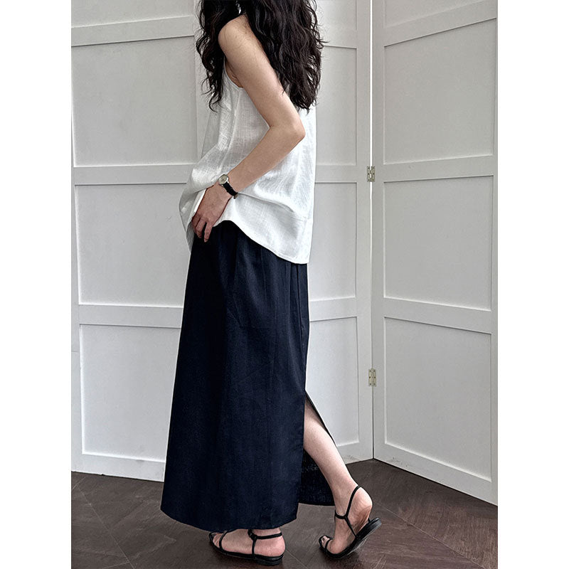 Simple retro cotton and linen skirt summer new split elastic waist straight A-shaped skirt medium and long skirt