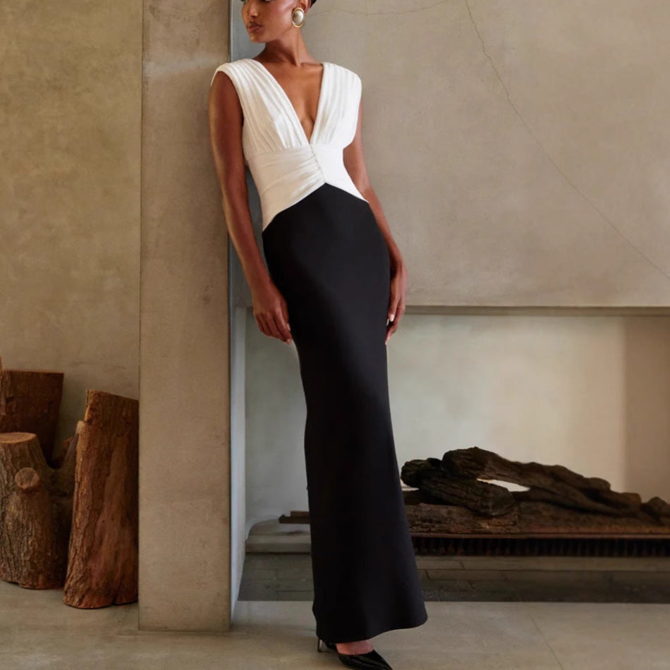Women's new fashion strap dress women's slim holiday style splicing long dress evening dress