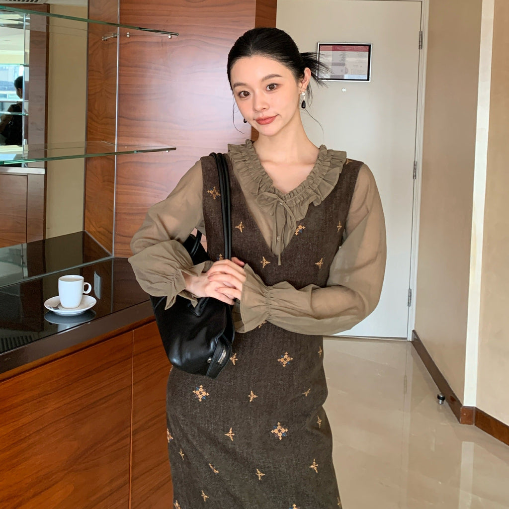Embroidered slim waist sleeveless vest dress women
