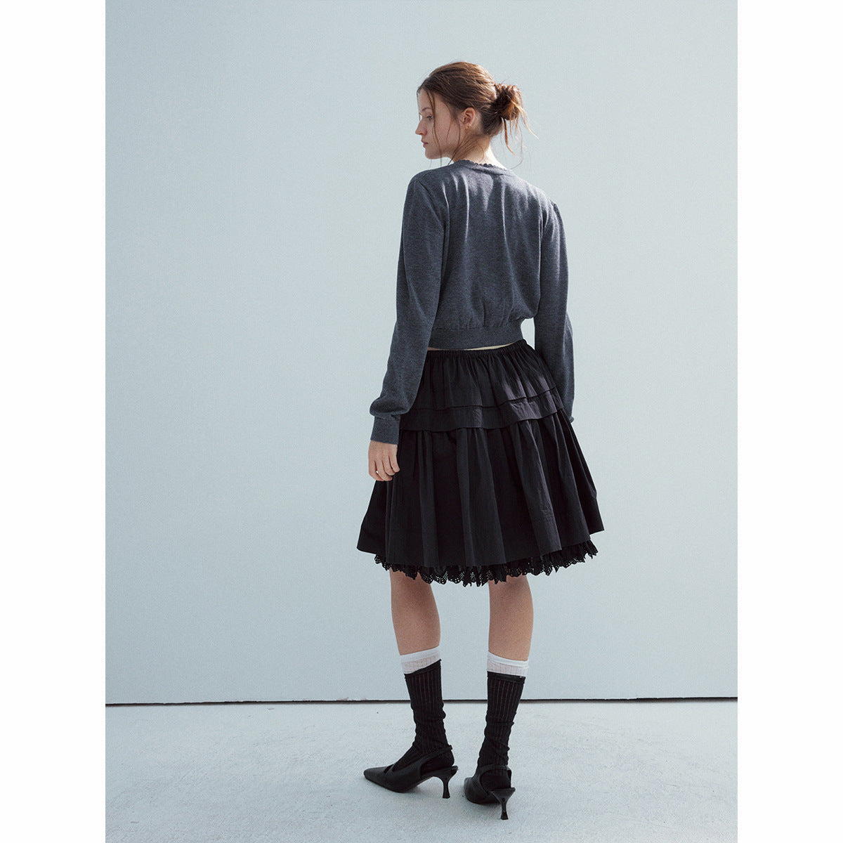 Spring new casual high-waisted drawstring lace cotton brocade solid color splicing short skirt