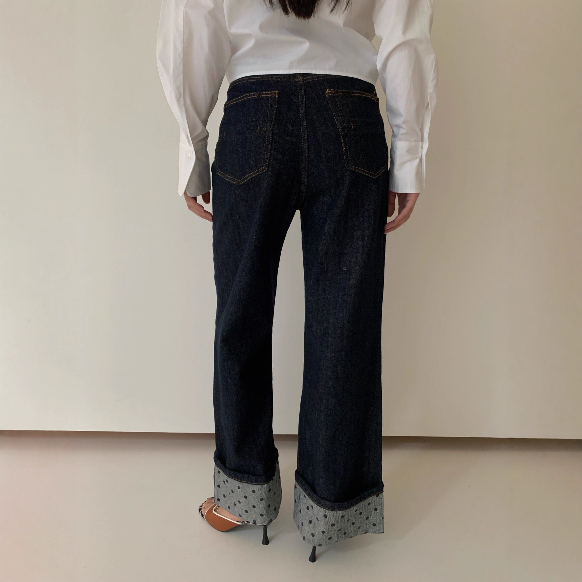 Versatile polyester cotton straight jeans women's curled design trousers