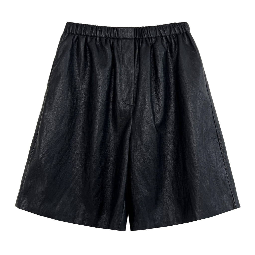 Textured casual loose five-point sports leather shorts women's autumn new thin high-waisted wide-leg shorts 3730