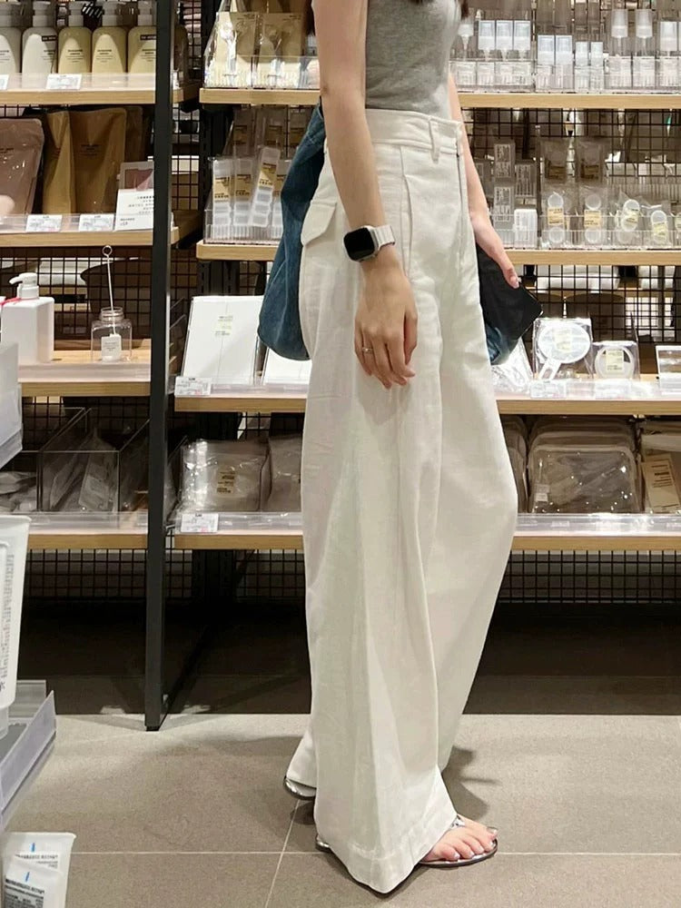 Summer new small white cotton and linen wide-leg pants high waist drape and thin straight casual pants children's tide