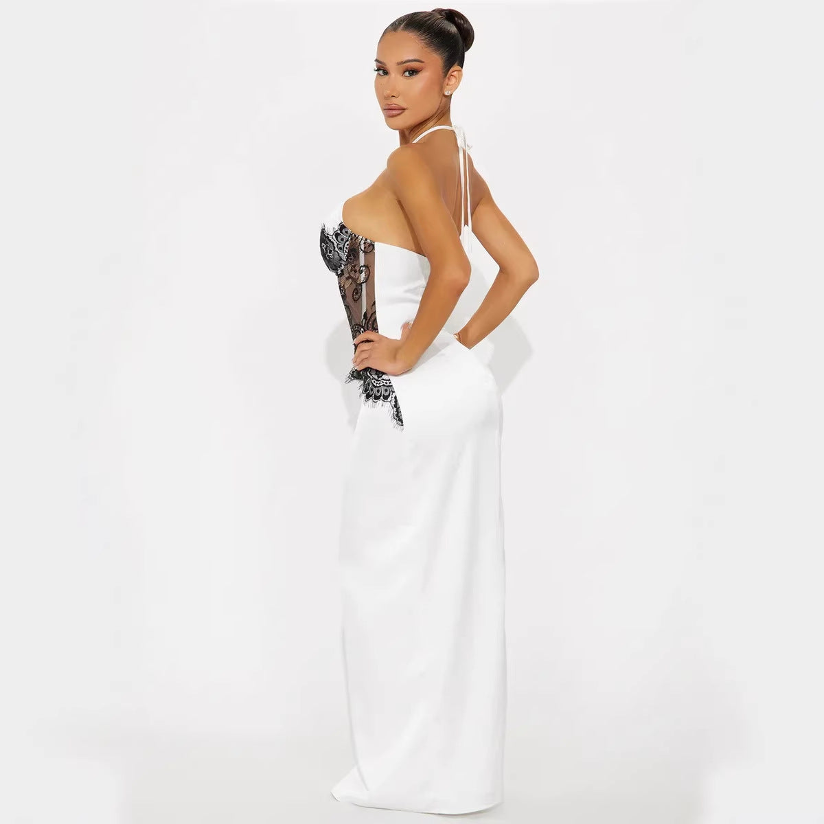 New sexy lace splicing hip skirt temperament neck high waist halter dress