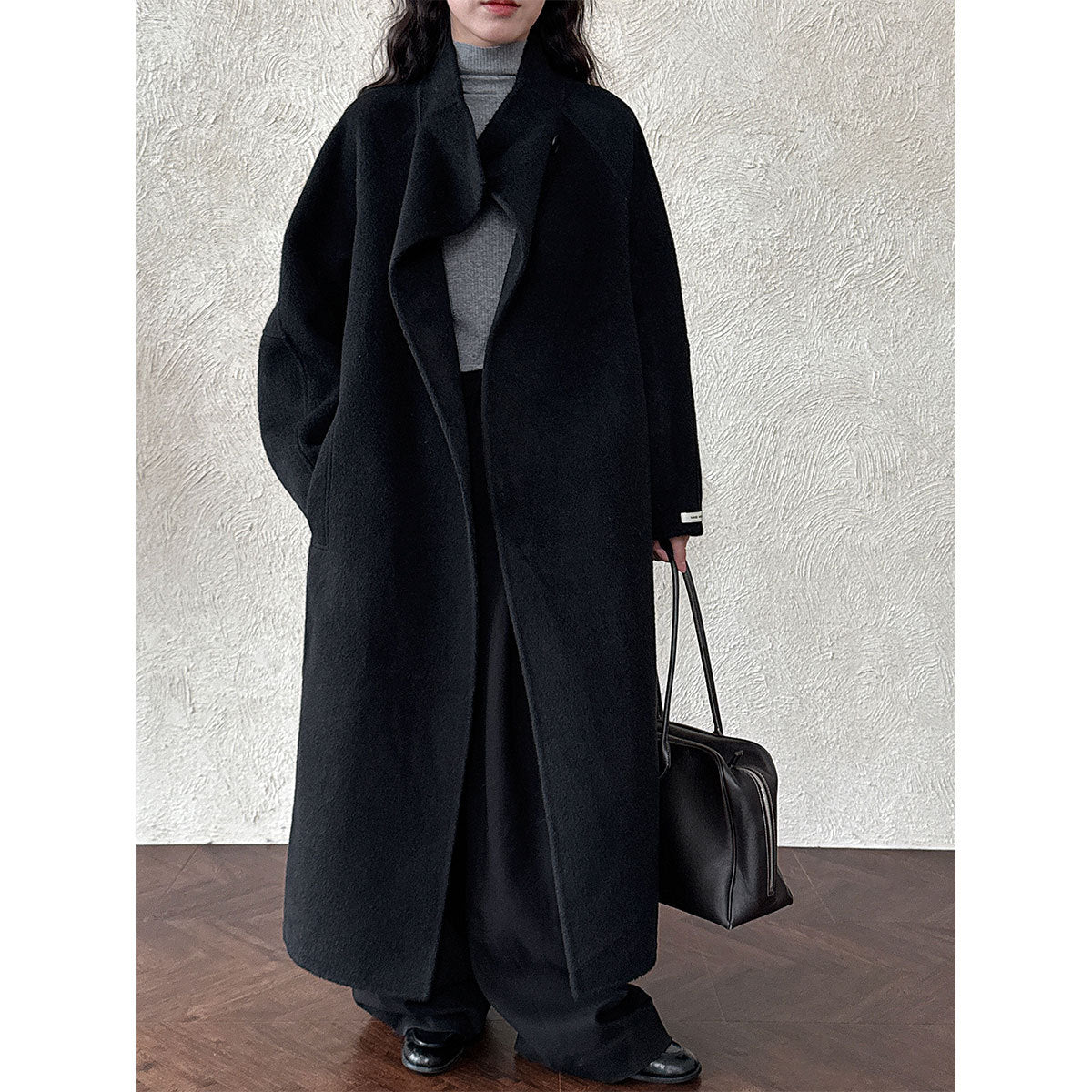 Korean version lazy diagonal buckle collar long double-sided woolen coat women's new woolen coat in winter