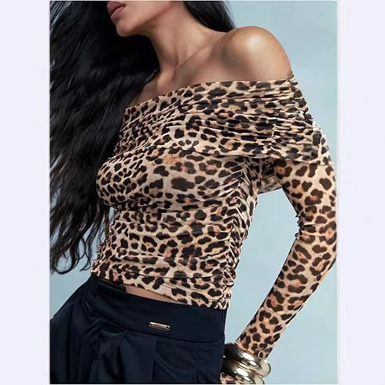 Asymmetrical Neck Long Sleeve Top Women Slim Fit Leopard Print Blouse